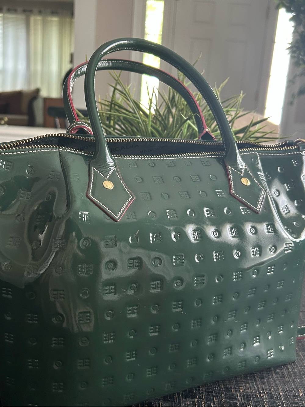 Arcadia Glossy Dark Green Patent Satchel with Red Trim